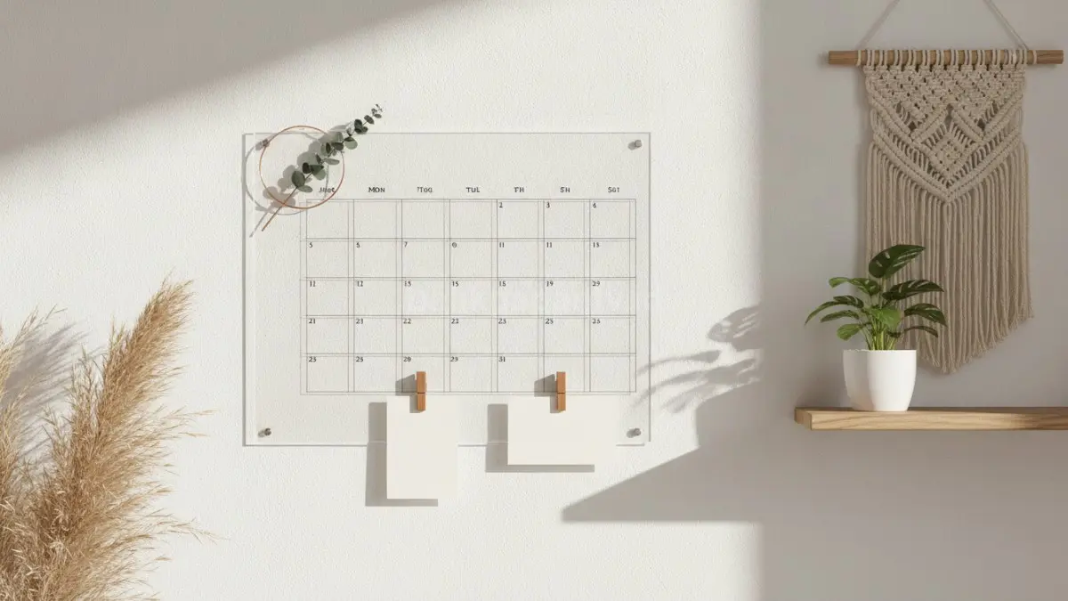 Kalender akrilik transparan menghadirkan kesan modern, elegan, ringan, dan mempercantik tampilan dinding ruangan.  (BTV/AI)