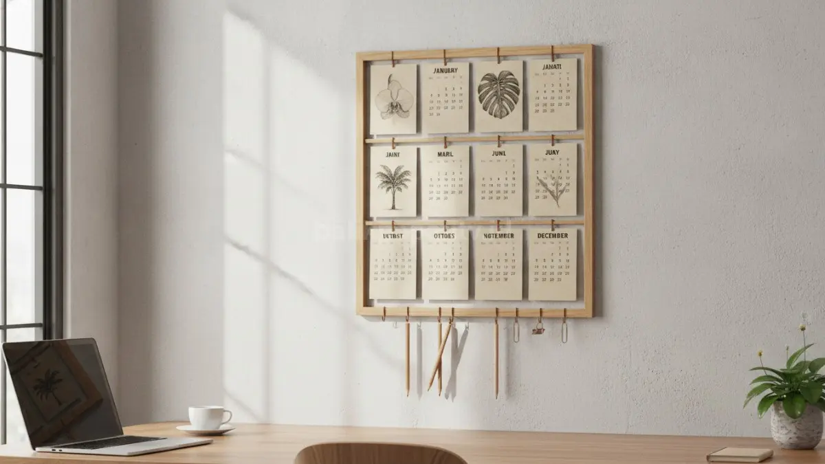 Kalender dinding dekoratif DIY modern dengan desain minimalis untuk ruang kerja produktif.  (BTV/AI)