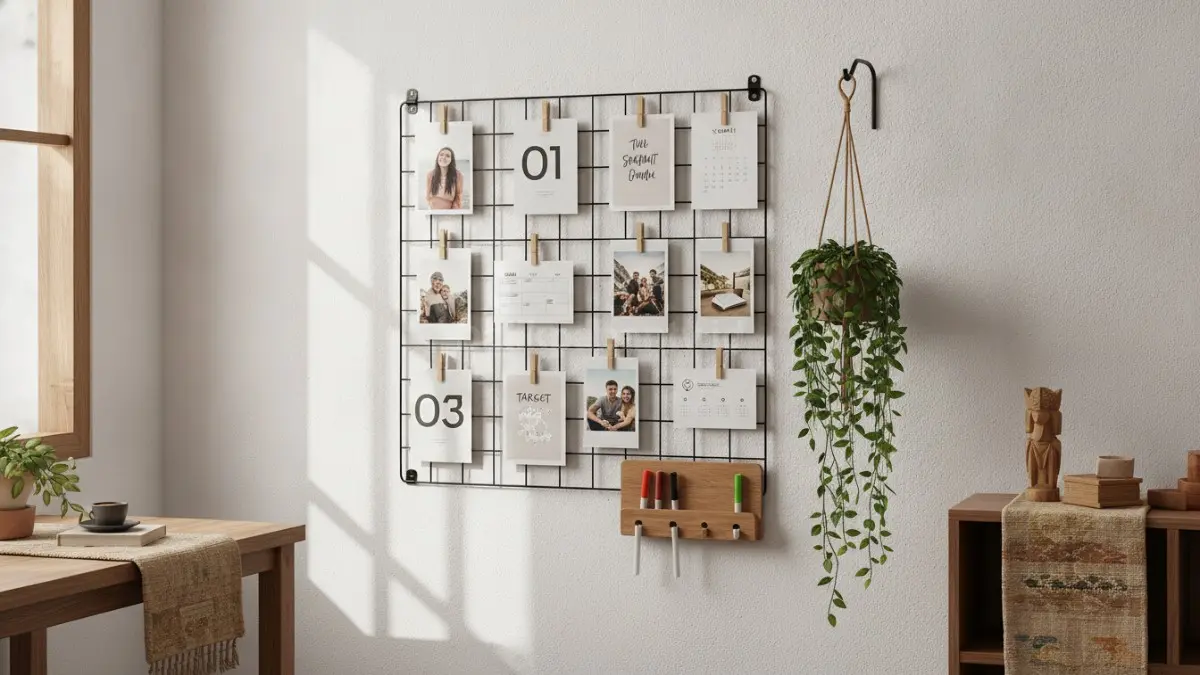 Kalender grid kawat dan klip foto membantu mengatur jadwal, target, serta menyimpan momen berharga.  (BTV/AI)