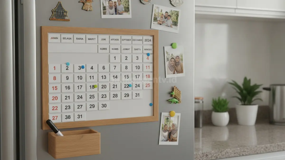 Kalender magnetik kulkas memudahkan keluarga memantau jadwal harian, praktis, rapi, dan mudah diperbarui.  (BTV/AI)
