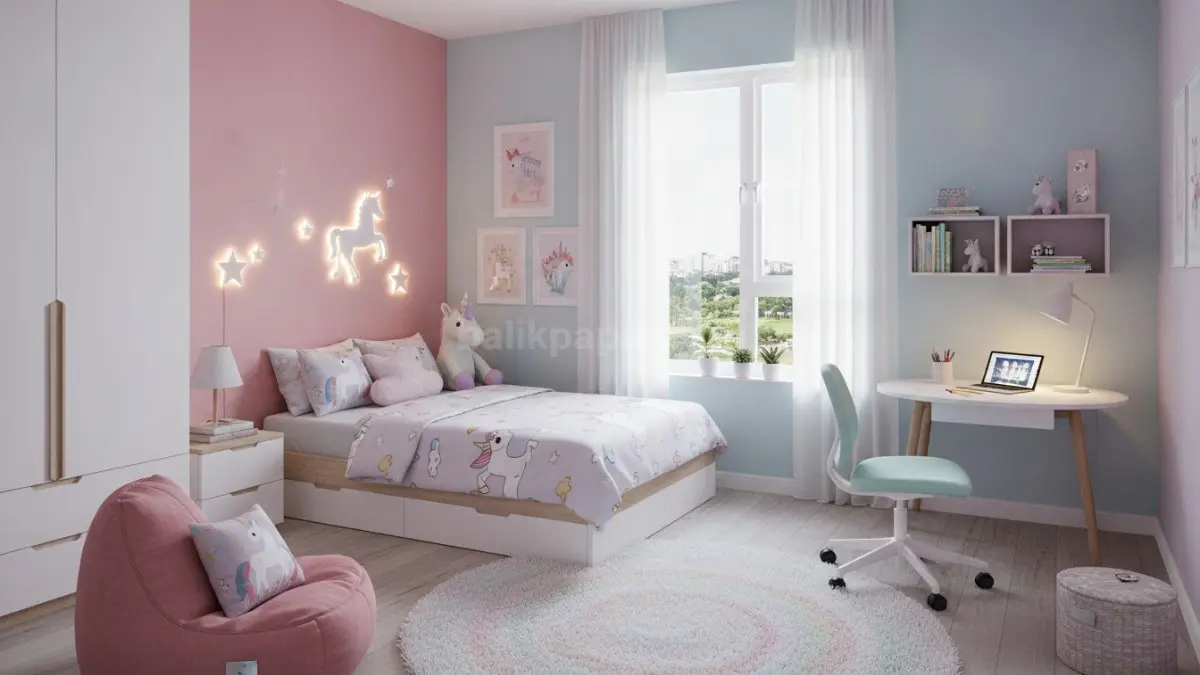 Kamar anak perempuan tema unicorn dengan warna pastel, area belajar, dan dekorasi modern yang nyaman.
