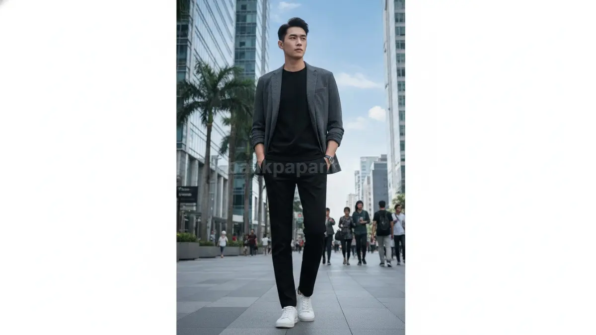 Kaus basic dan outer ringan menciptakan tampilan Korean style praktis, rapi, serta fleksibel.  (BTV/AI)