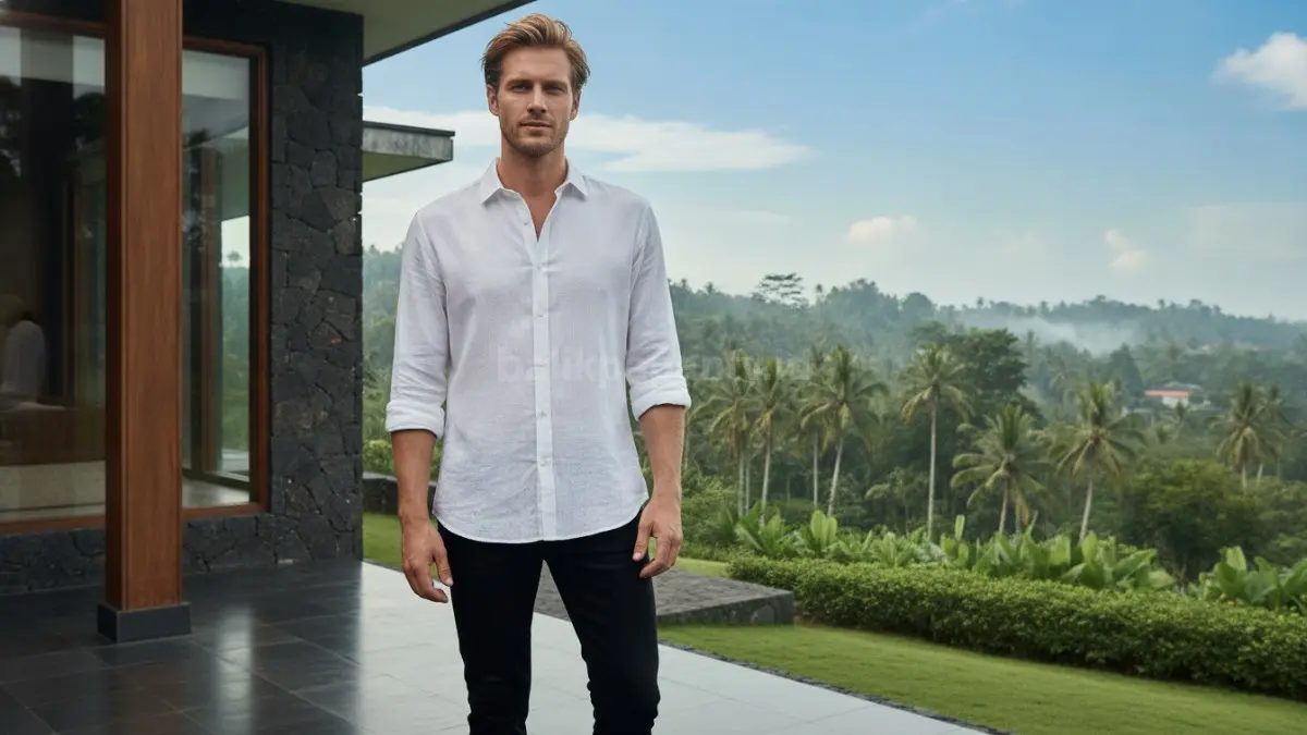 Kemeja katun dan linen putih menciptakan tampilan monokrom elegan dengan tekstur berkelas menarik.  (BTV/AI)