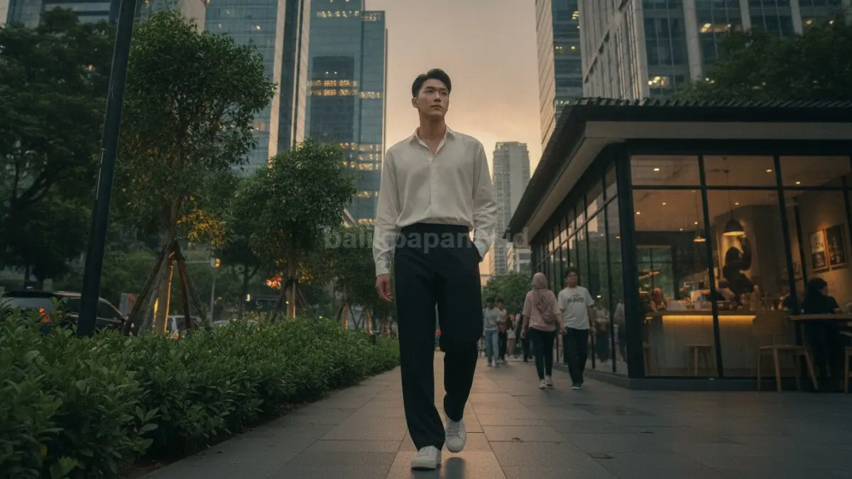 Kemeja oversized dan celana longgar menghadirkan gaya Korean style santai, modern, nyaman, serta fleksibel. (BTV/AI)