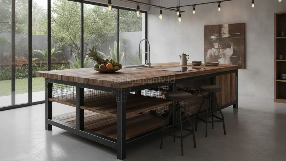 Kitchen island dari reclaimed wood dan metal hitam menghadirkan gaya industrial modern yang fungsional dan estetis.(BTV/AI) 