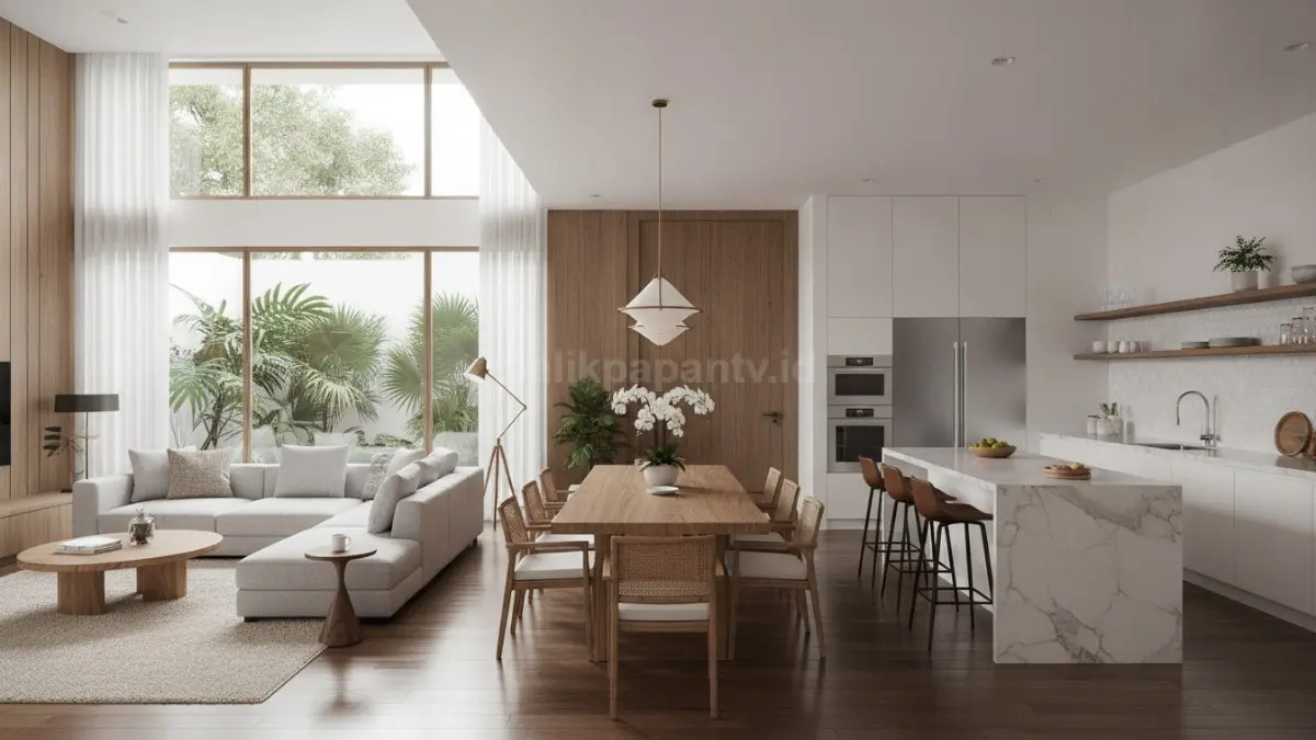 Konsep open space membuat area ruang tamu, ruang makan, dan dapur terasa lebih luas, modern, serta mendukung interaksi keluarga yang lebih nyaman. (BTV/Ai)