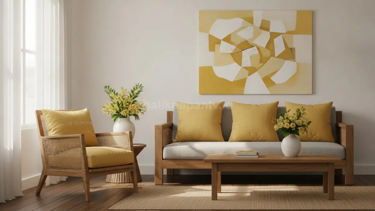 Kuning mentega lembut menghiasi sofa dan dekorasi, menghadirkan energi positif dalam ruang modern yang nyaman elegan. (BTV/AI)
