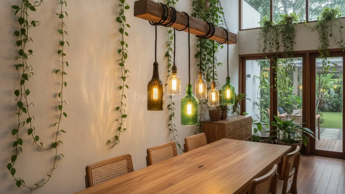 Lampu gantung dari botol kaca bekas menghadirkan pencahayaan hangat dengan karakter desain yang unik dan berkelanjutan.(BTV/AI) 
