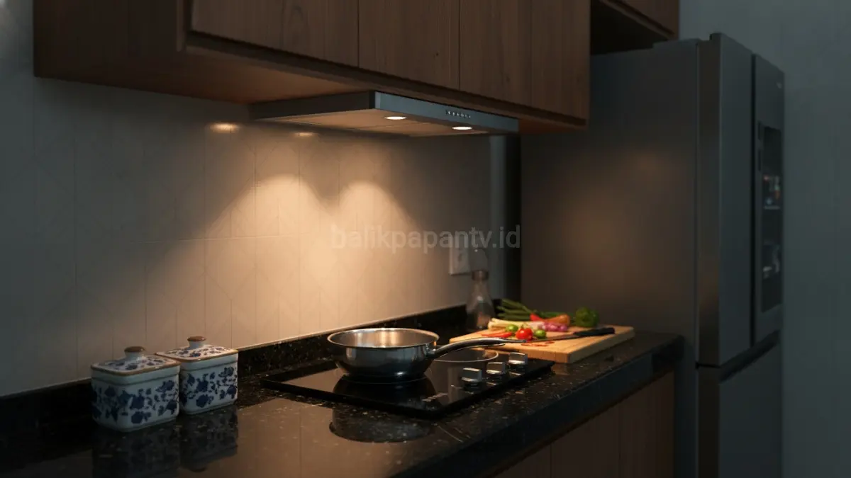 Lampu kabinet dapur memberikan cahaya fokus optimal pada area kerja memasak sehari-hari yang aman nyaman. (BTV/AI)
