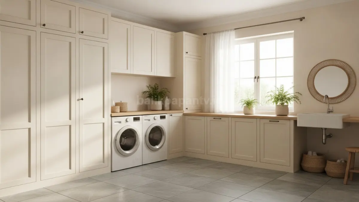 Laundry room cantik dan fungsional dengan kabinet tertutup serta pencahayaan alami (BTV/Ai)