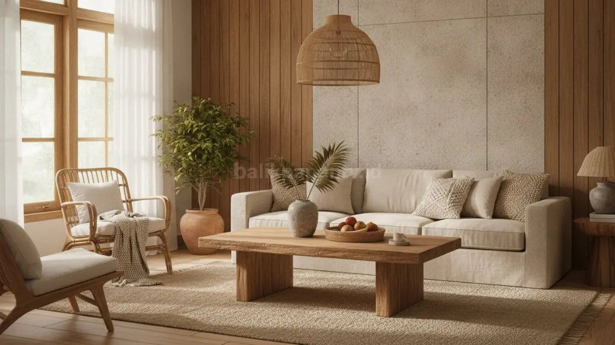 Material alami seperti kayu, batu, linen, dan rotan menghadirkan kehangatan serta kenyamanan visual. (BTV/AI)