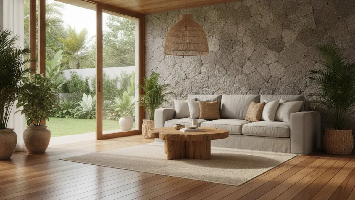 Material alami seperti kayu, batu, linen, dan rotan menjadi fondasi Japandi modern yang hangat, tahan lama, dan elegan.(BTV/AI) 