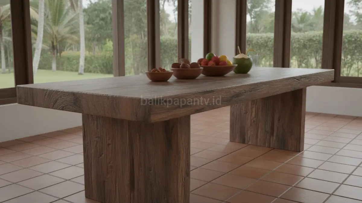 Meja makan dari kayu bongkaran bangunan lama menghadirkan kekuatan, karakter, dan keindahan alami yang tahan lama.(BTV/AI) 