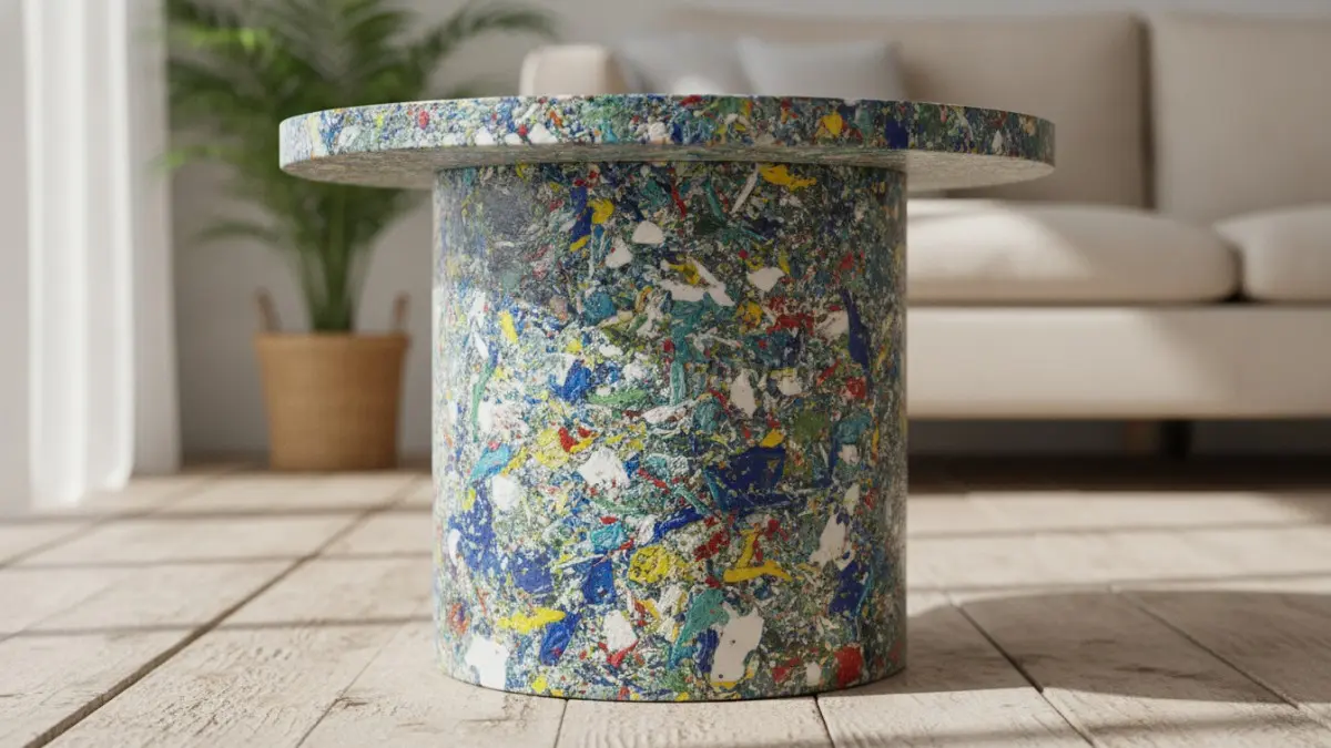 Meja samping dari plastik daur ulang menawarkan desain unik, kokoh, dan berkarakter dengan pola yang selalu berbeda.(BTV/AI) 
