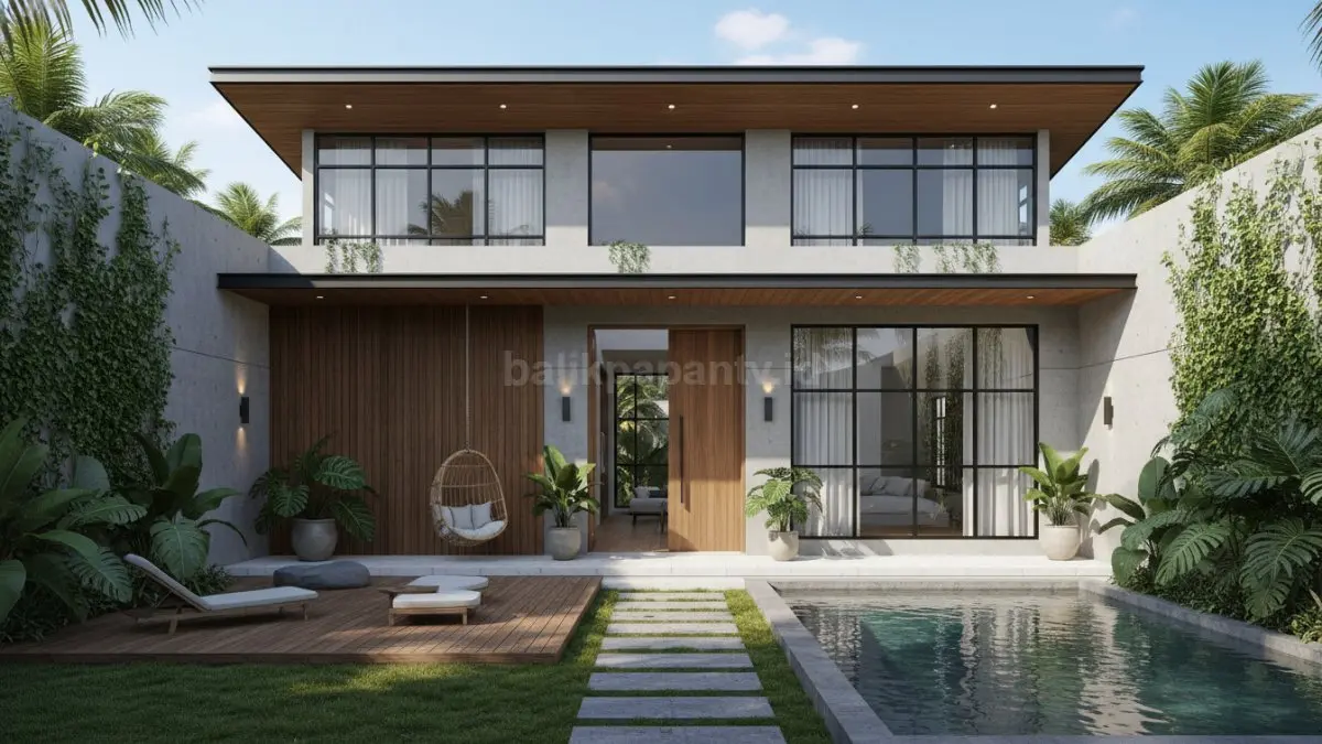 Model rumah tropis modern dengan atap lebar, ventilasi silang, dan taman hijau yang nyaman untuk iklim Indonesia. (BTV/Ai)