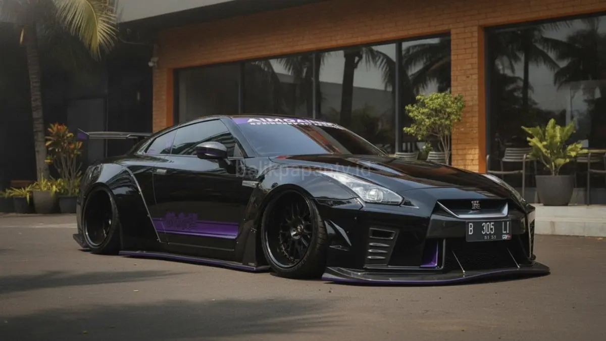 Nissan GT-R R35 tampil dengan modifikasi ekstrem, velg super lebar, dan suspensi udara yang tetap mendukung kenyamanan untuk penggunaan harian.(BTV/AI) 