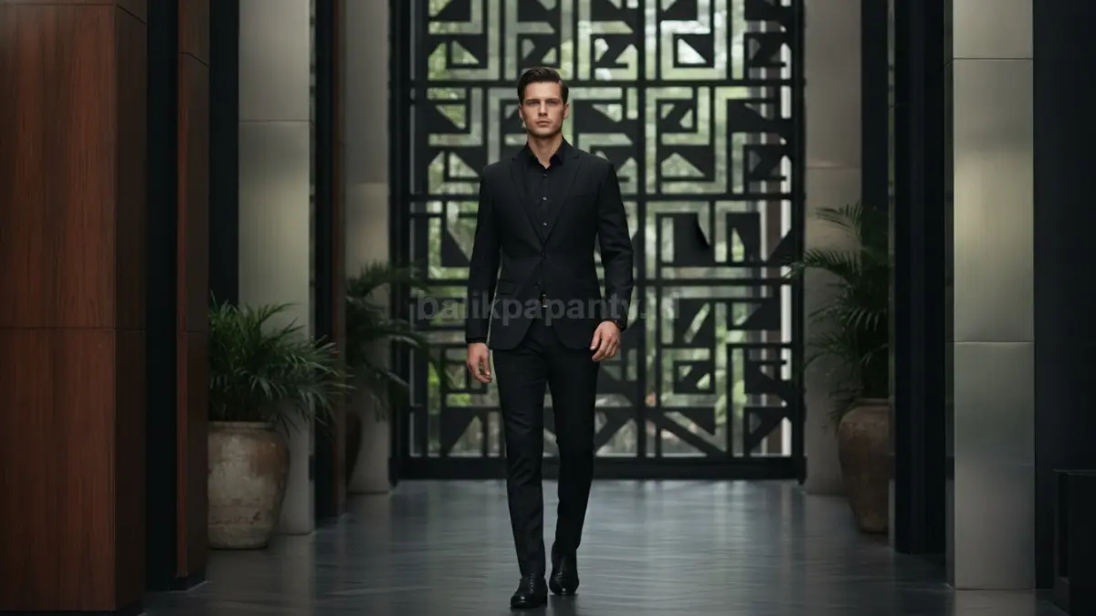 Outfit monokrom hitam menghadirkan kesan profesional, tegas, rapi, dan penuh percaya diri.  (BTV/AI)