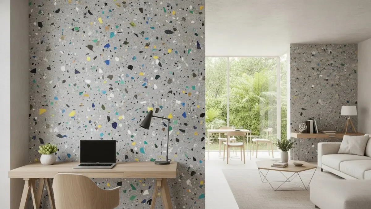 Panel dinding dari plastik daur ulang menghadirkan pola unik bergaya terrazzo yang modern dan ramah lingkungan.(BTV/AI) 