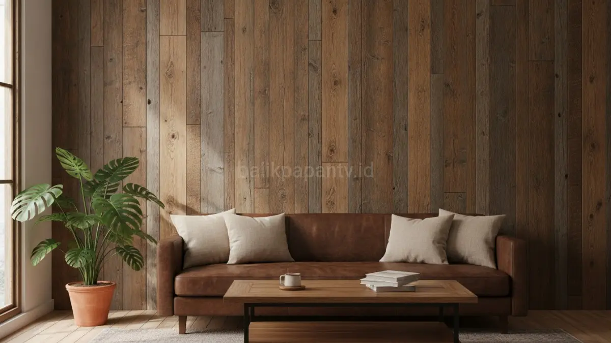 Panel dinding kayu bekas menciptakan aksen rustic hangat yang menjadi fokus visual tanpa dekorasi berlebihan.(BTV/AI) 
