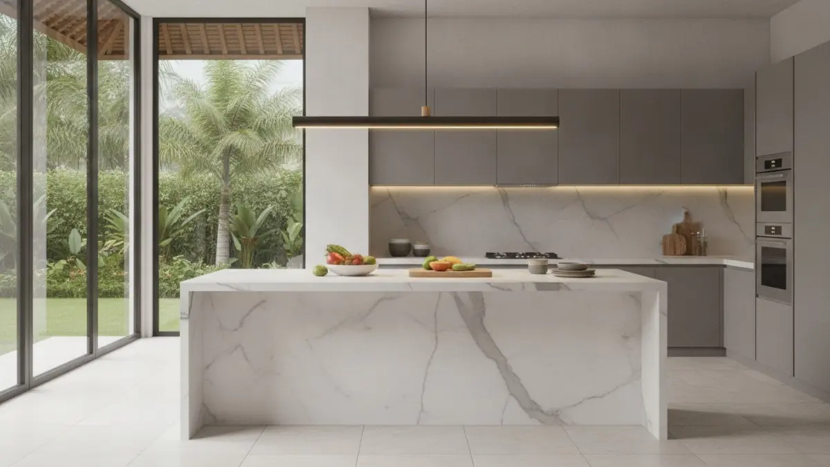 Pendant minimalis pulau dapur memberi fokus visual, cahaya terarah, dipasang 70–80 cm nyaman tidak silau. (BTV/AI)
