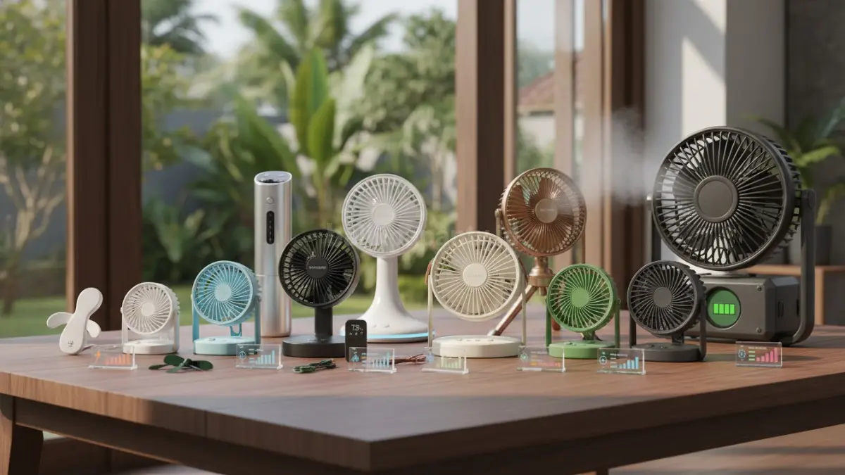 Perbandingan 10 kipas portable berbagai harga, menilai performa, fitur, ketahanan baterai, serta nilai terbaik keseluruhan. (BTV/AI)