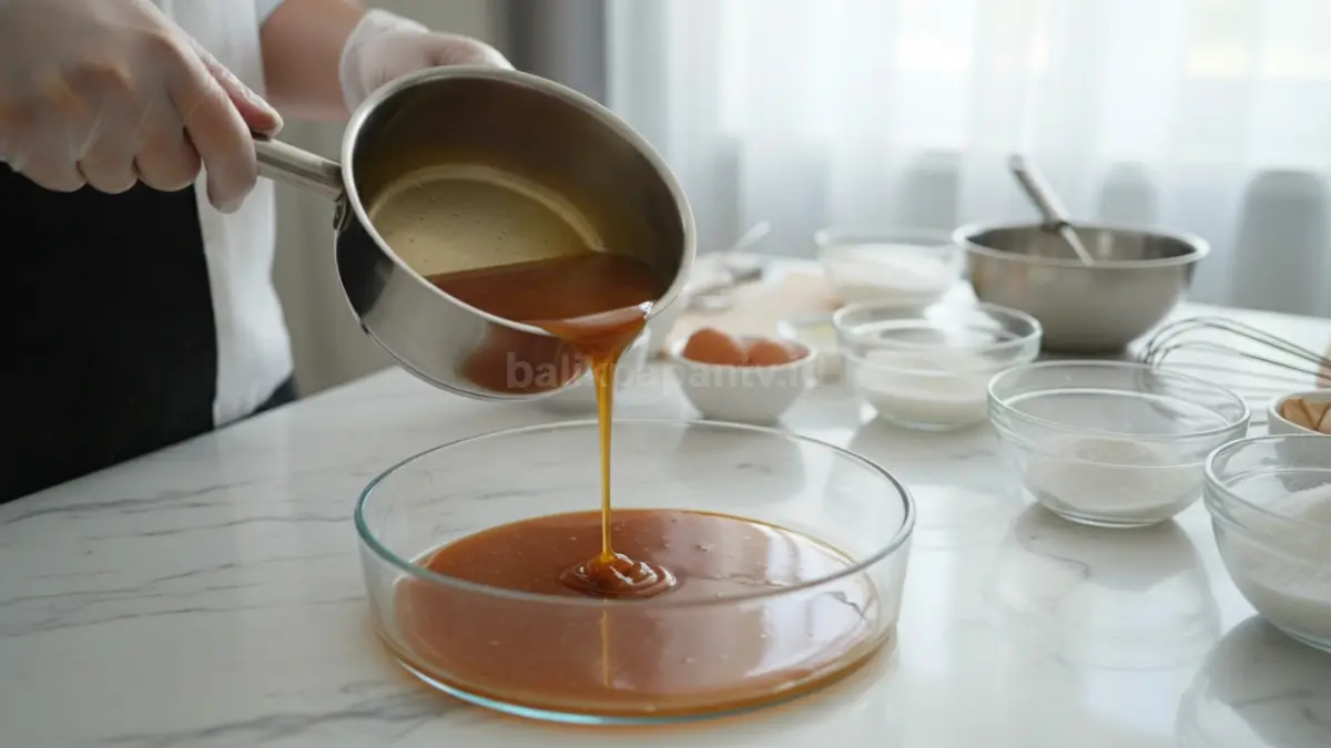 Proses menuang lapisan karamel ke dasar loyang sebelum adonan puding dimasukkan.