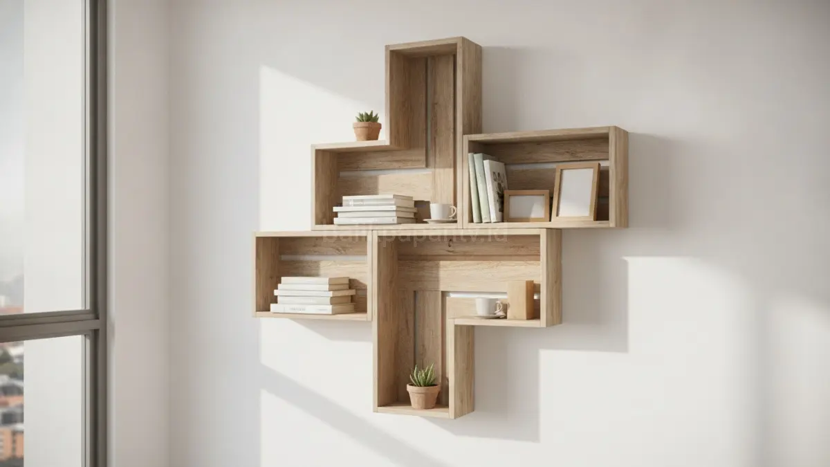 Rak dinding modular dari kayu palet bekas menghadirkan solusi hemat ruang dengan estetika natural modern.(BTV/AI) 