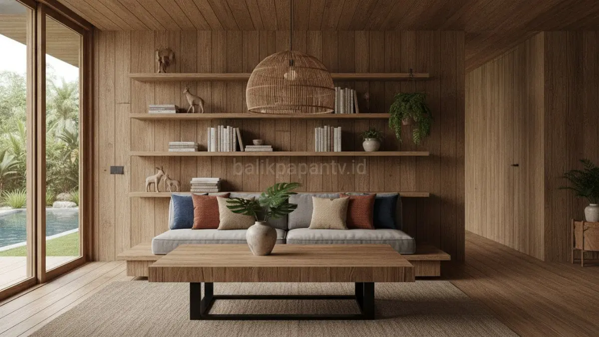 Reclaimed wood menghadirkan kemewahan modern berkelanjutan dengan karakter alami, hangat, dan estetika interior rumah.(BTV/AI) 