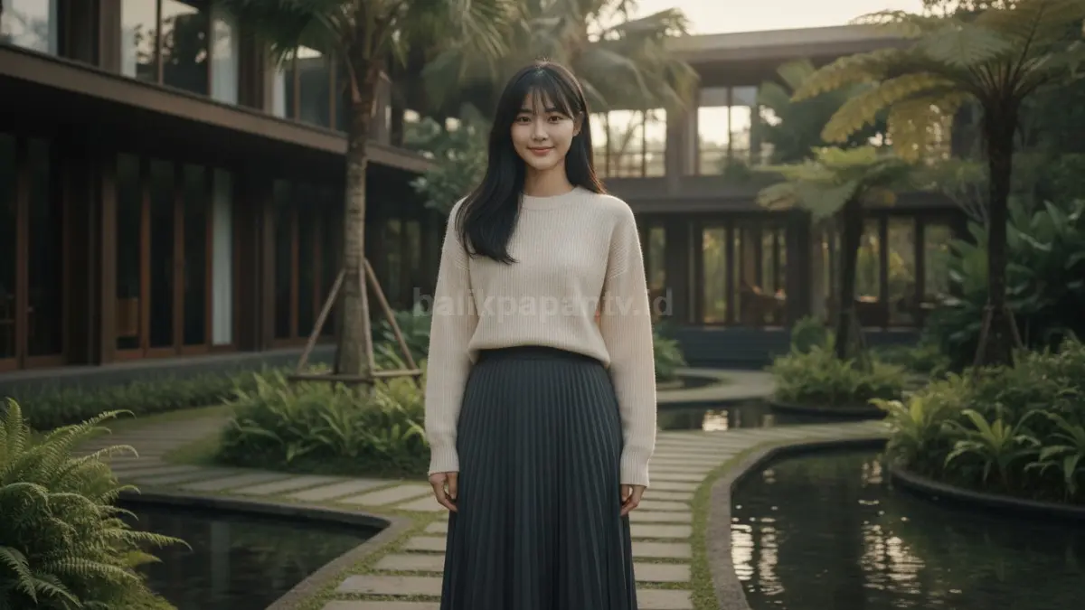 Rok lipit dan sweater rajut menghadirkan gaya Korean remaja yang manis, nyaman, rapi.  (BTV/AI)