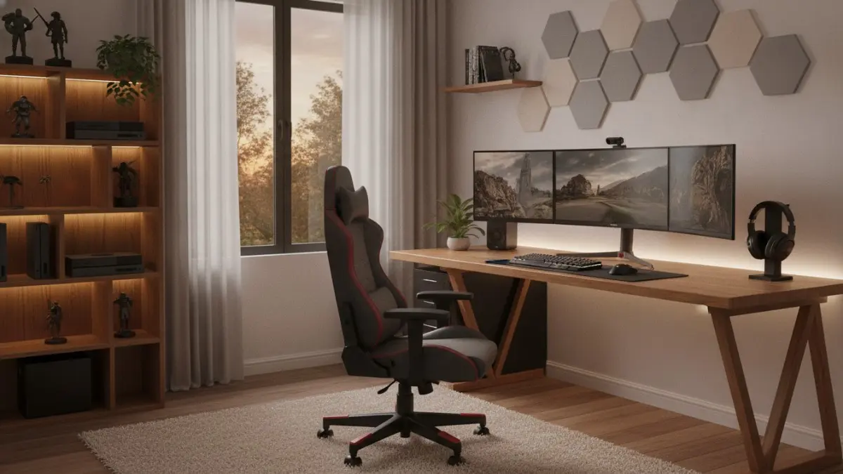 Ruang gaming rumah dengan pencahayaan lembut dan tata letak ergonomis mendukung kenyamanan fokus bermain lama. (BTV/AI)

