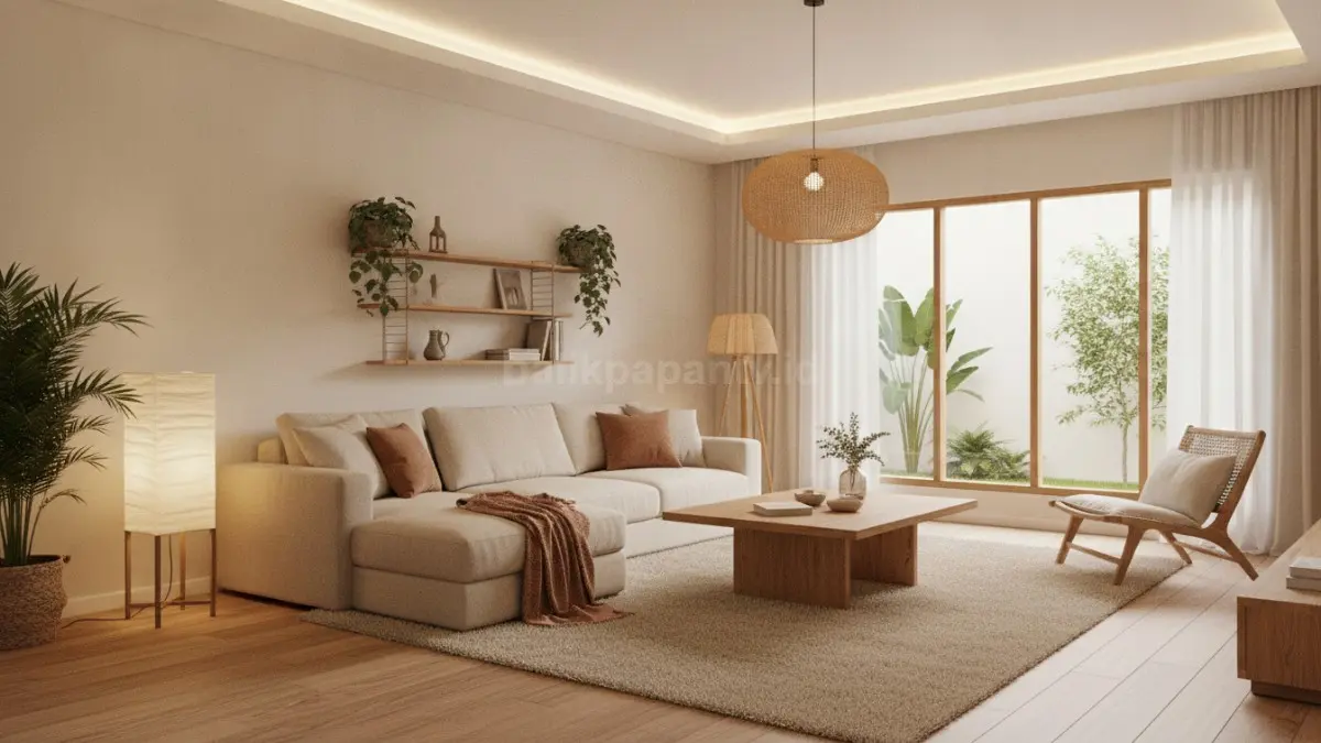 Ruang keluarga bergaya Warm Minimalism dengan warna krem, material kayu alami, dan pencahayaan hangat yang nyaman (BTV/Ai)