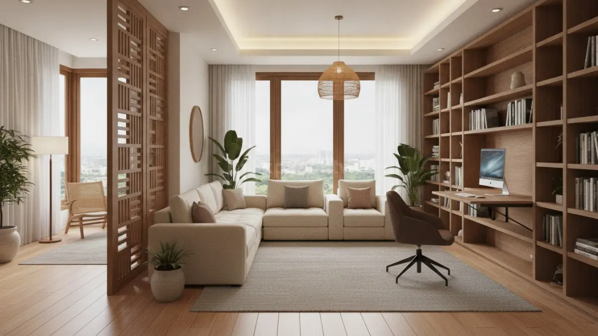 Ruang multifungsi modern memadukan kerja, bersantai, dan aktivitas keluarga dengan furnitur modular fleksibel. (BTV/AI)