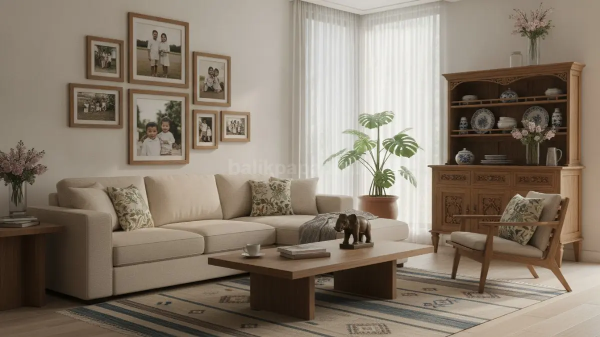 Ruang personal modern menampilkan karya seni, foto keluarga, dan furnitur bermakna yang penuh cerita. (BTV/AI)