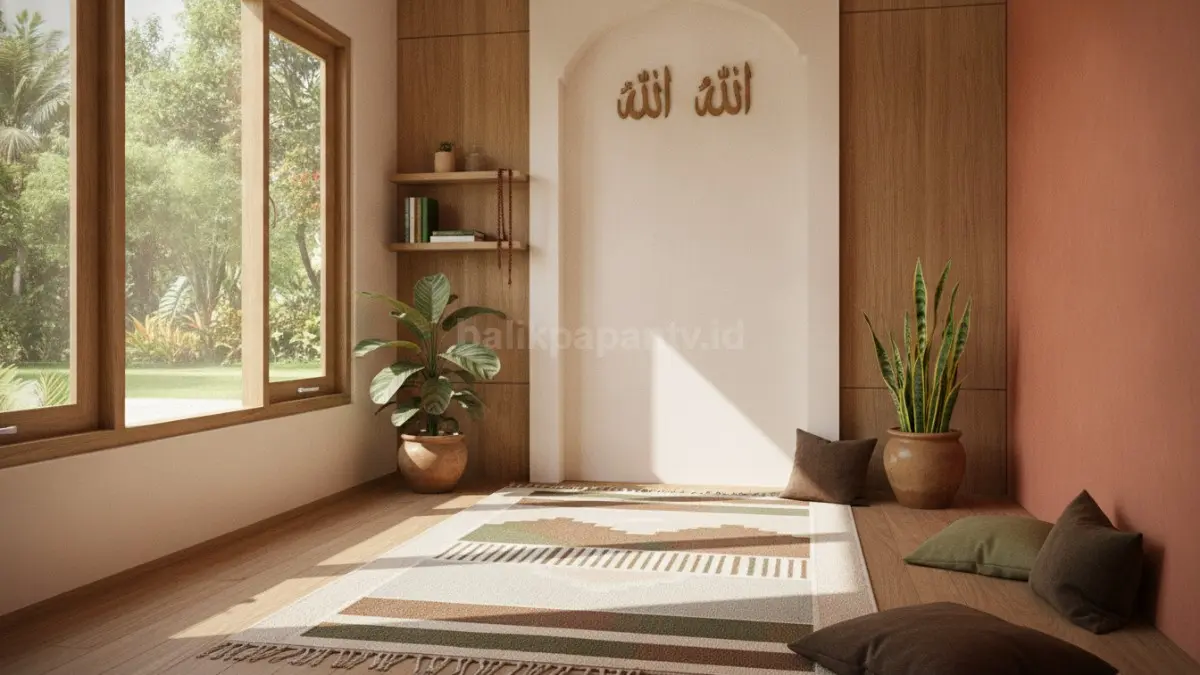 Ruang salat bernuansa alam menghadirkan kayu, tanaman, warna bumi, menciptakan suasana tenang, hangat, menenangkan alami. (BTV/AI)
