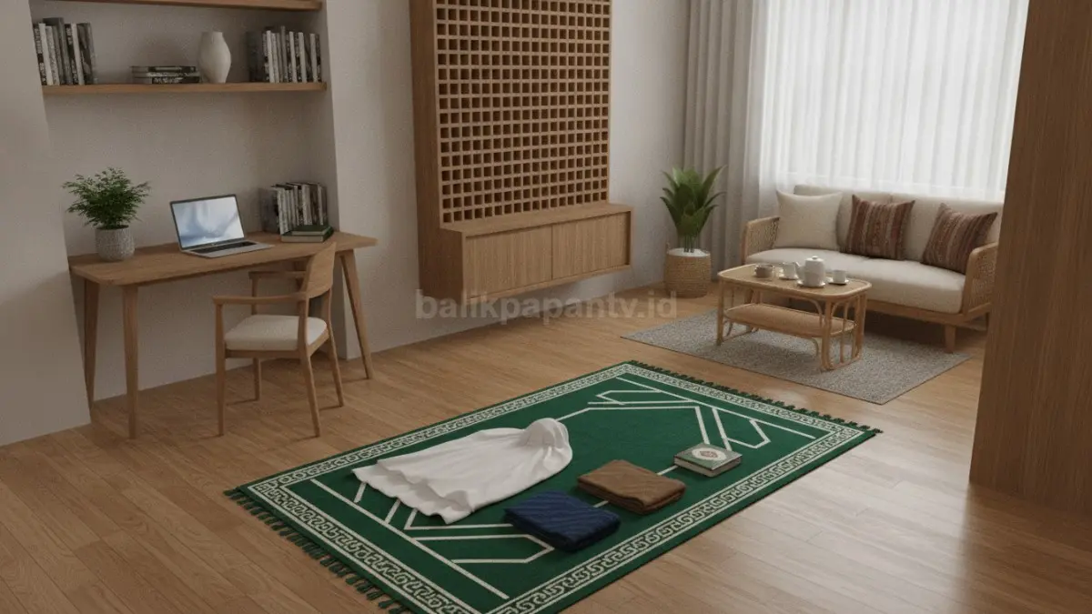 Ruang salat multifungsi menyatu area baca menghadirkan penyimpanan rapi, praktis, nyaman untuk ibadah keluarga sehari-hari. (BTv/AI)
