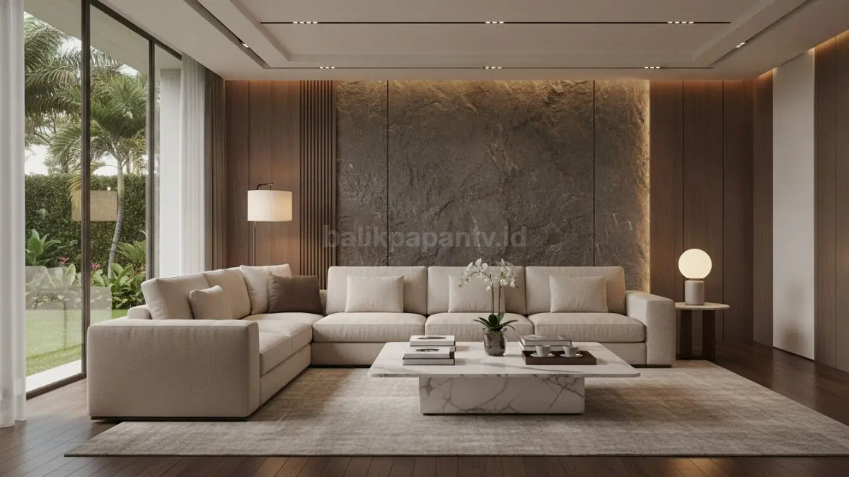 Ruang tamu mewah minimalis dengan sofa premium, pencahayaan hangat, dan material batu alam modern (BTV/Ai)