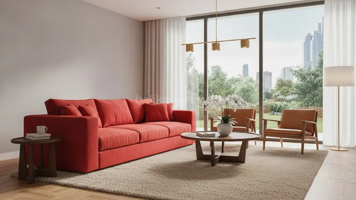 Ruang tamu modern dengan sofa merah sebagai pusat perhatian yang menghadirkan suasana hangat dan elegan.
