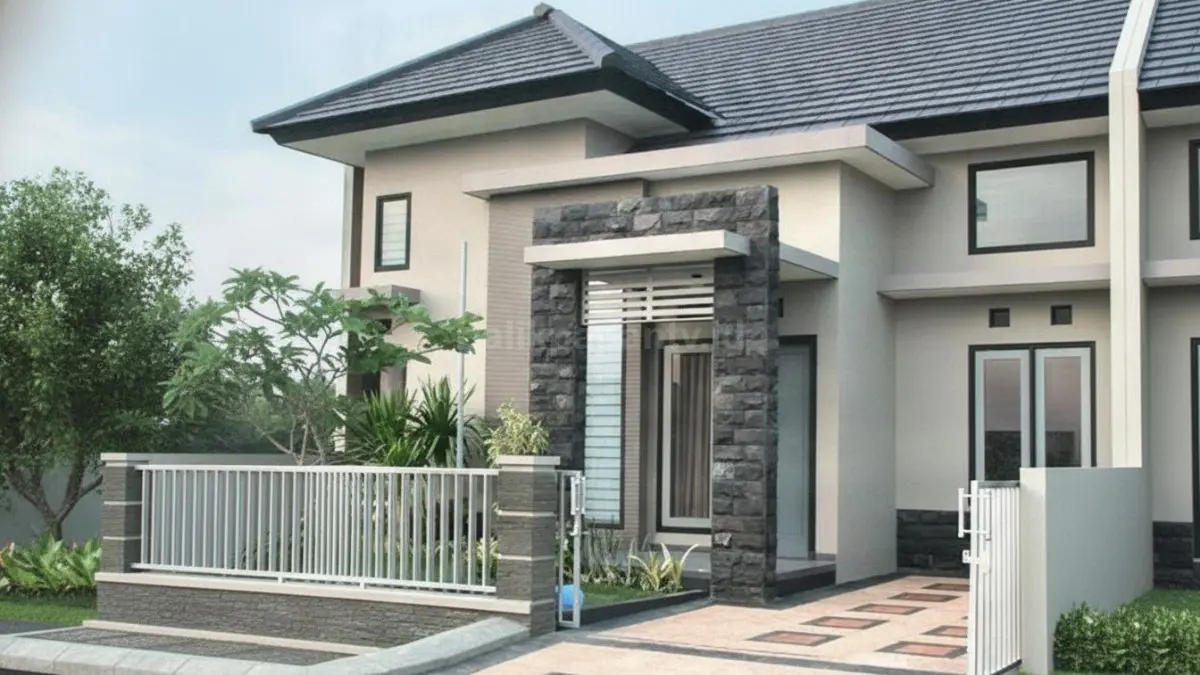 Rumah batu alam kontemporer memadukan fasad batu alam dengan desain geometris modern untuk tampilan kuat dan natural. (BTV/Ai)