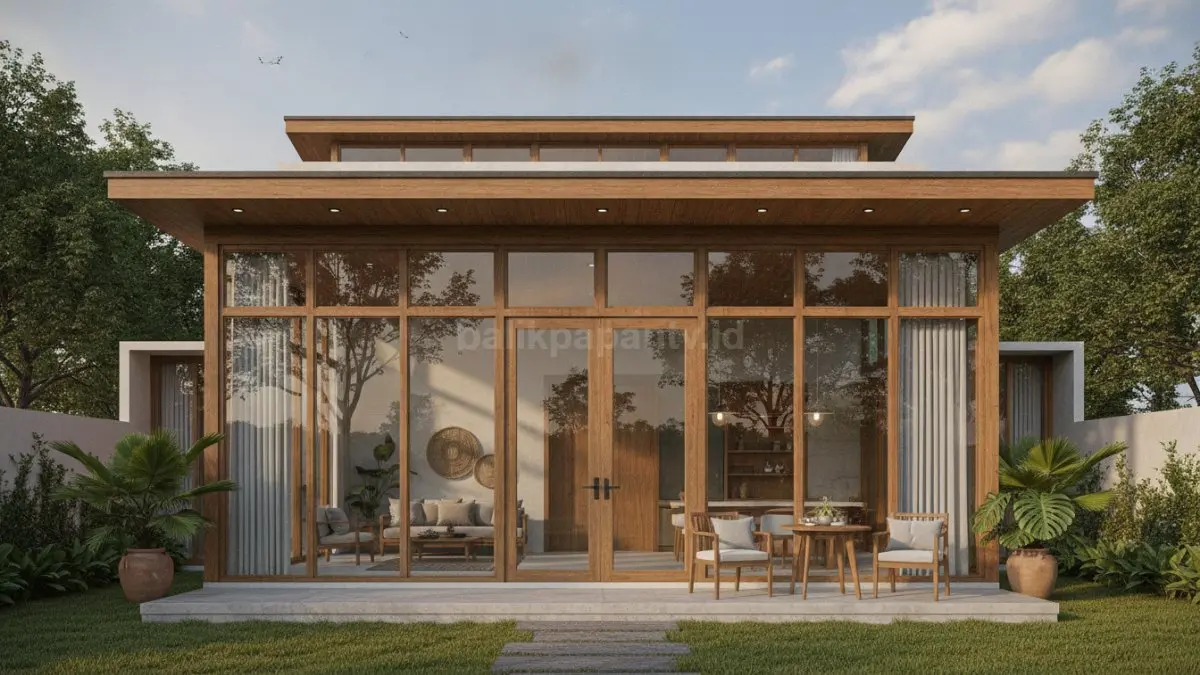 Rumah kaca dengan aksen kayu jati memadukan dominasi kaca modern dengan sentuhan kayu hangat yang tahan cuaca dan estetis. (BTV/Ai)