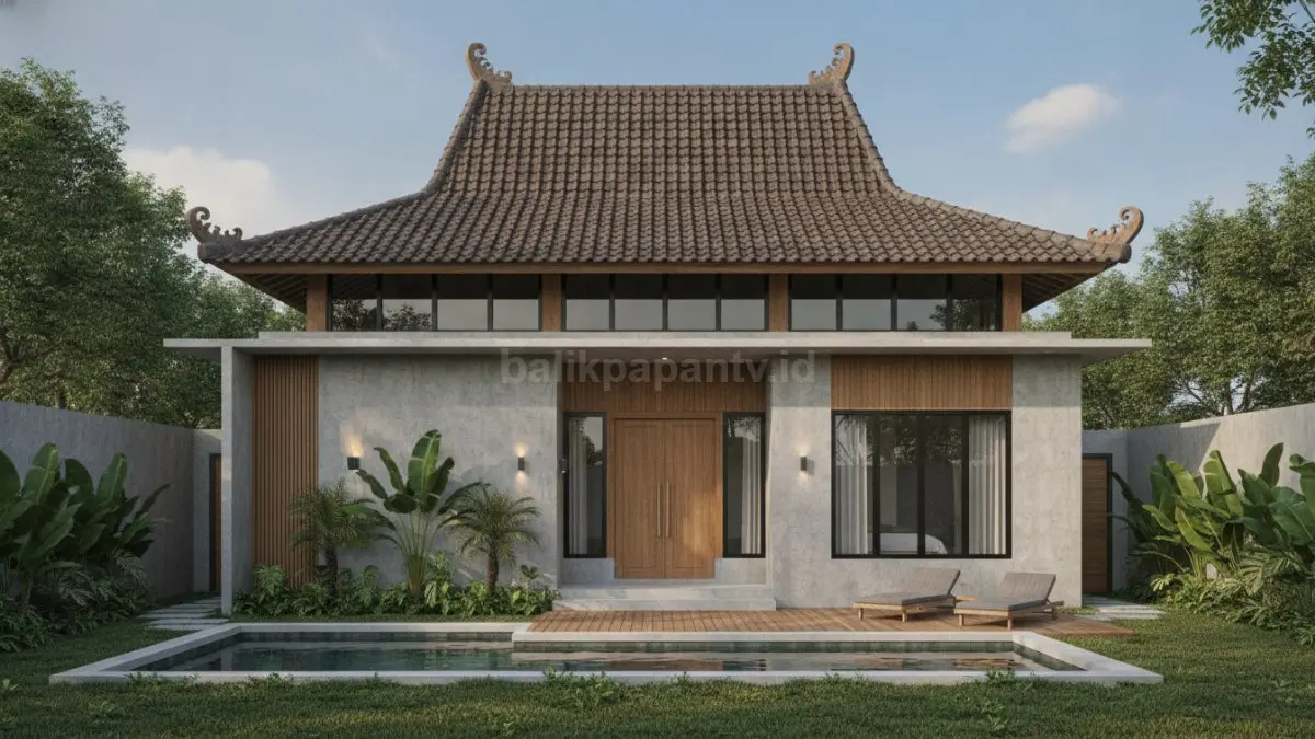 Rumah modern atap limasan minimalis memadukan arsitektur tradisional Jawa dengan desain sederhana dan bersih yang tetap fungsional serta bernuansa modern. (BTV/Ai)
