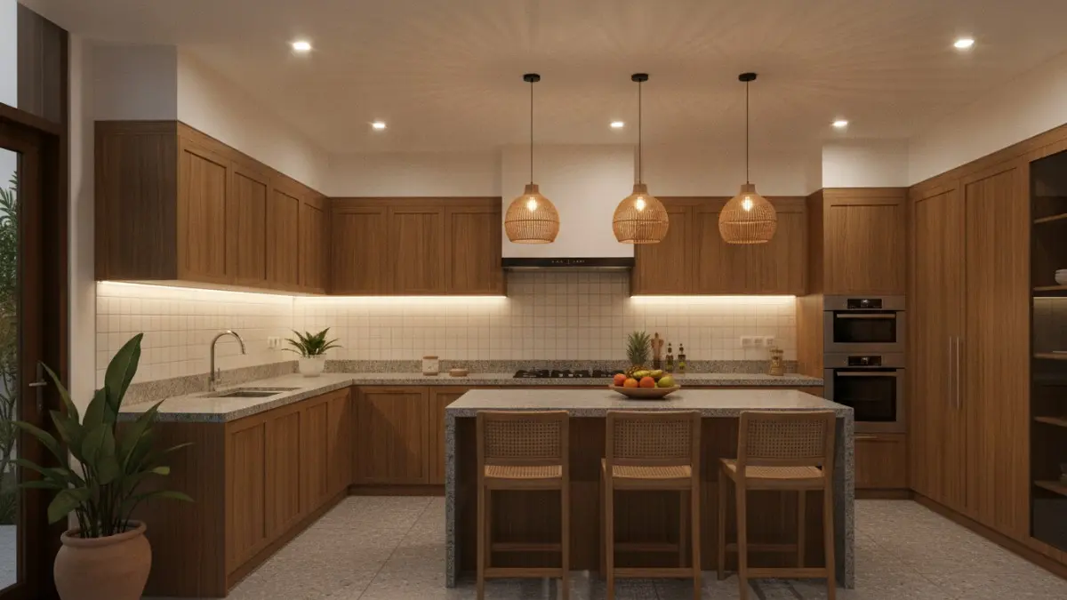 Sistem pencahayaan berlapis membuat dapur fleksibel, memadukan cahaya utama tugas aksen meningkatkan kenyamanan visual optimal. (BTV/AI)
