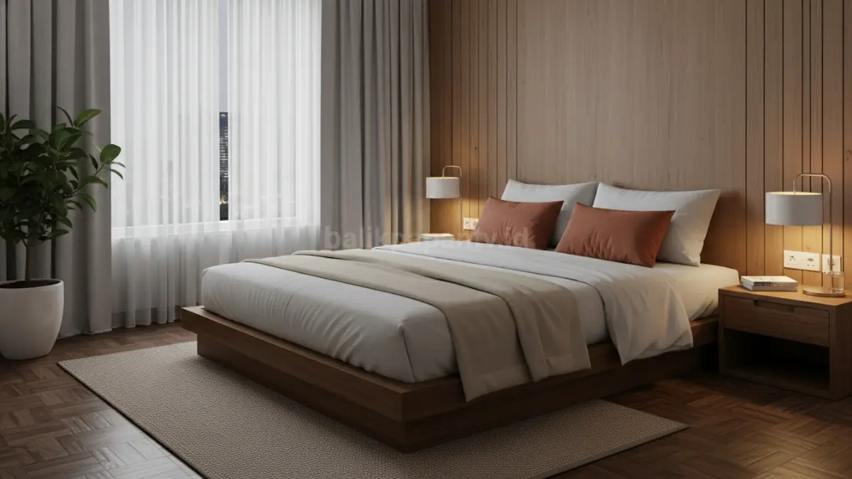 Suasana kamar tidur rapi dengan pencahayaan redup untuk mendukung waktu istirahat.
