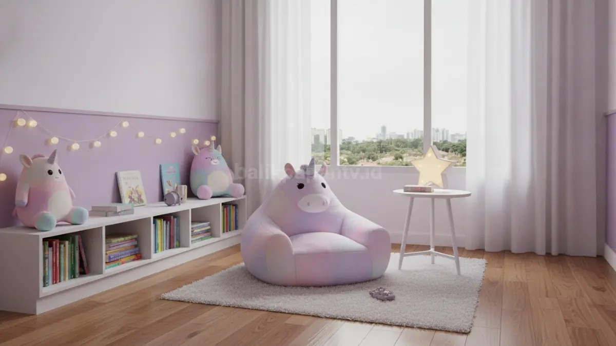 Sudut membaca bertema unicorn dengan rak buku rendah dan pencahayaan hangat.
