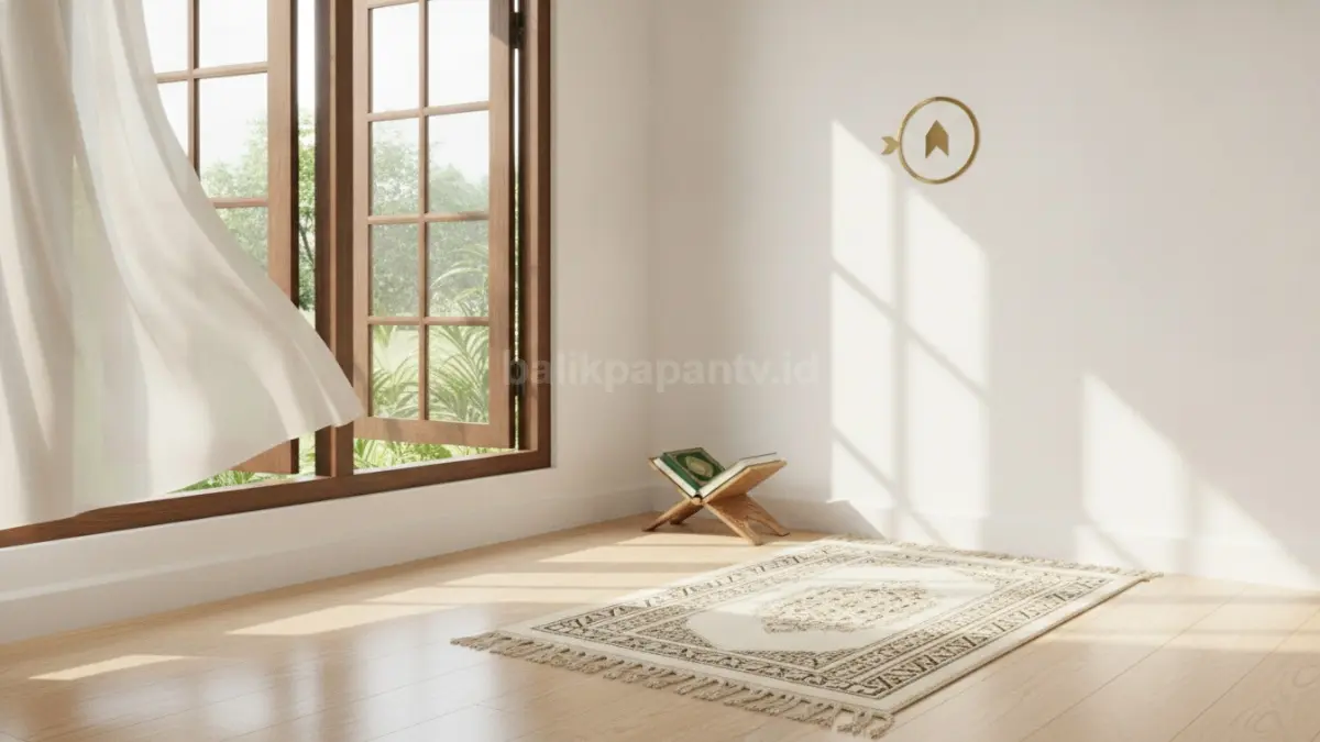Sudut salat minimalis dekat jendela menghadirkan cahaya alami, sirkulasi baik, suasana tenang untuk ibadah khusyuk harian. (BTV/AI)
