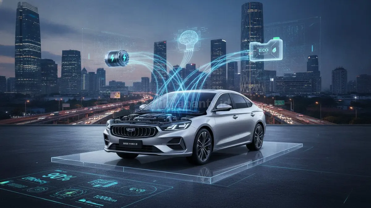 Tampilan sistem hybrid Geely yang memadukan motor listrik, AI, dan efisiensi bahan bakar tinggi. (BTV/Ai)