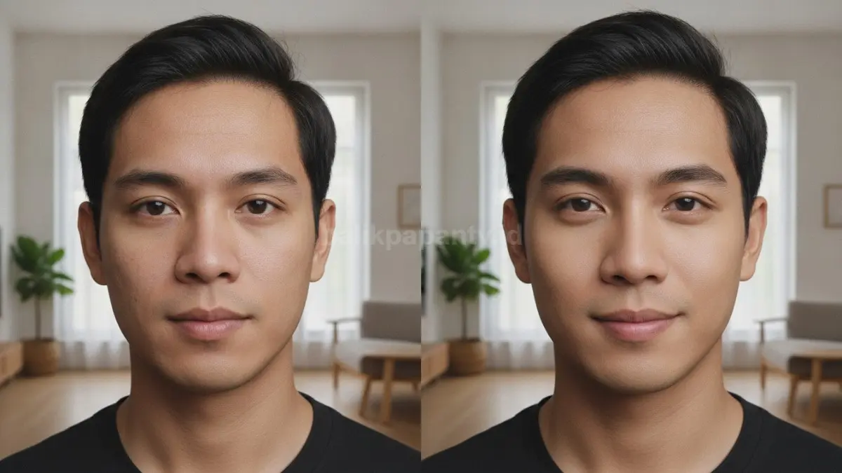 Tampilan wajah pria sebelum dan sesudah makeup tipis dengan hasil natural.
