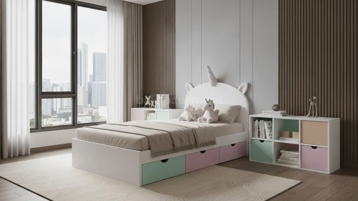 Tempat tidur unicorn minimalis dengan penyimpanan multifungsi untuk kamar anak modern.
