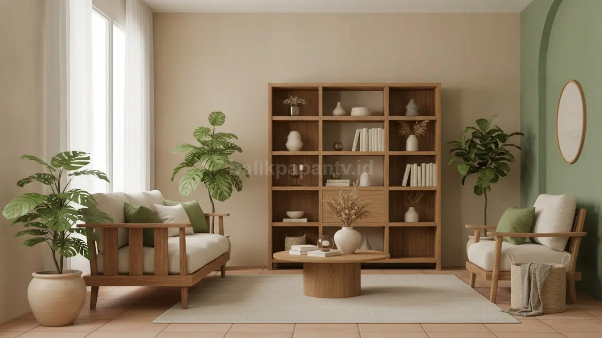 Tren warna interior 2026 dengan kombinasi krem hangat, hijau botani, dan furnitur kayu yang menenangkan. (BTV/AI)
