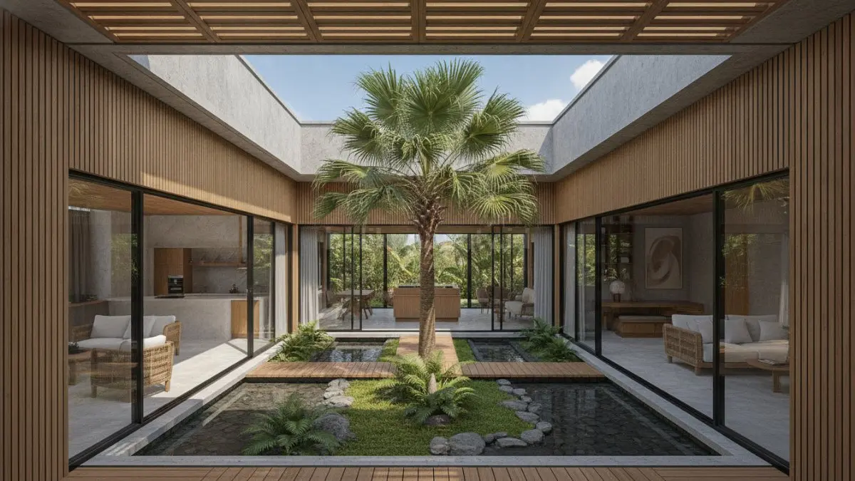 Tropical courtyard house menghadirkan area terbuka di tengah bangunan untuk memaksimalkan sirkulasi udara dan kenyamanan alami. (BTV/Ai)