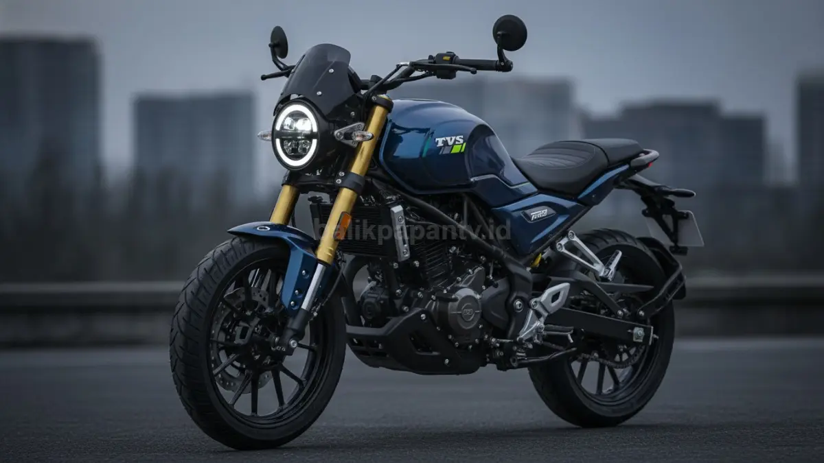 TVS Ronin Midnight Blue 2026 dengan warna metallic gelap dan desain retro modern yang tampil premium. (BTV/Ai)